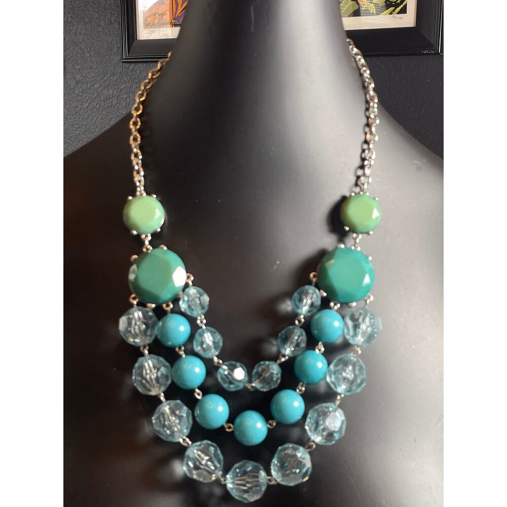 Chunky Bib Statement Necklace Mint Aqua Teal Blue Beaded Layered Y2K Glam Twee
